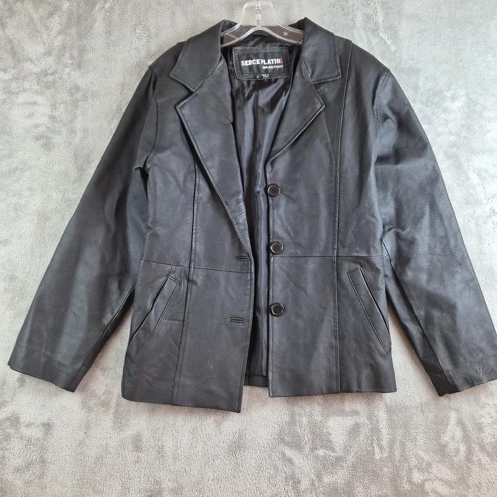 Serge Platini Blazer Jacket Small Black Genuine Leather 2 Buttons Sport Coat - Picture 1 of 16